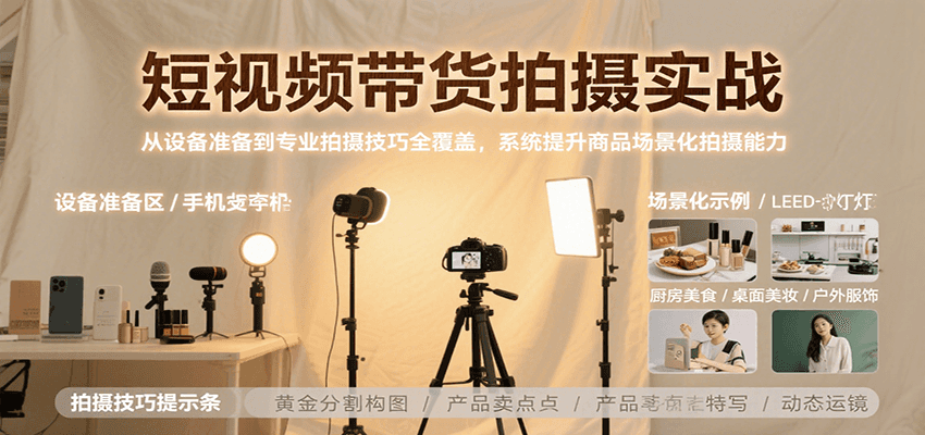 短视频带货拍摄实战，从设备准备到专业拍摄技巧全覆盖，系统提升商品场景化拍摄能力-第1张图片-我要自学网