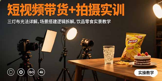 短视频带货+拍摄实训：三灯布光法详解,场景搭建逻辑拆解,饮品零食实景教学-第1张图片-我要自学网