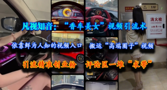 凡视知音：“香车美女”视频引流术，依靠鲜为人知的视频入口，搬运“高端圈子”视频，引流精准创业粉，评论区一堆“求带”-第1张图片-我要自学网