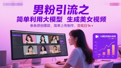 男粉引流之简单利用大模型生成美女视频，条条原创爆款，简单上传制作，变现日1k+-第1张图片-我要自学网