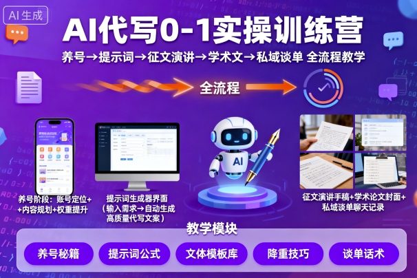 AI代写0-1实操训练营,从养号、提示词、征文演讲、学术文,到私域谈单的全流程教学-第1张图片-我要自学网 AI代写0-1实操训练营,从养号、提示词、征文演讲、学术文,到私域谈单的全流程教学-第1张图片-我要自学网