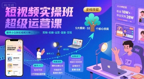 短视频实操班超级运营课，新手小白到短视频大神必修课程，剪辑-拍摄-运营-直播-变现-第1张图片-我要自学网