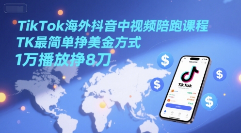 TikTok海外抖音中视频陪跑课程，TK最简单挣美金方式，1万播放挣8刀-第1张图片-我要自学网