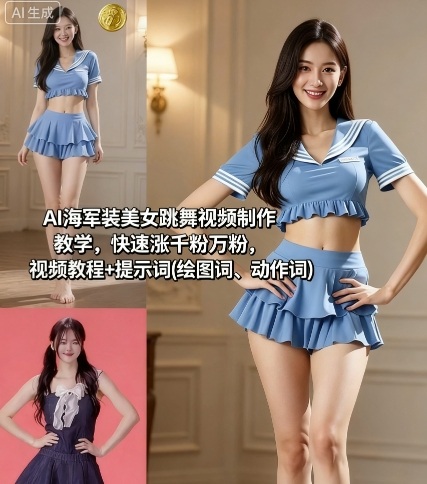 AI海军装美女跳舞视频制作教学，快速涨千粉万粉，视频教程+提示词(绘图词、动作词)-第1张图片-我要自学网