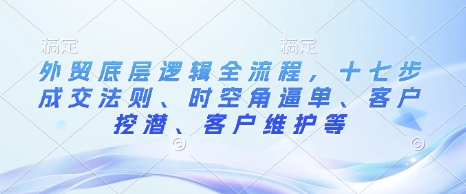 外贸底层逻辑全流程,十七步成交法则、时空角逼单、客户挖潜、客户维护等-第1张图片-我要自学网 外贸底层逻辑全流程,十七步成交法则、时空角逼单、客户挖潜、客户维护等-第1张图片-我要自学网