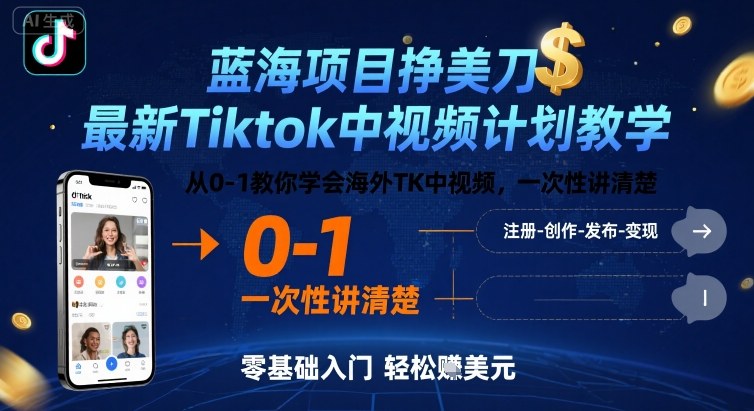 蓝海项目挣美刀，最新Tiktok中视频计划教学，从0-1教你学会海外TK中视频，一次性讲清楚-第1张图片-我要自学网