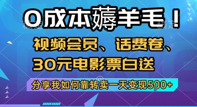 0成本薅羊毛!视频会员、话费卷、30元电影票白送，分享我如何靠转卖一天变现5张+【揭秘】-第1张图片-我要自学网