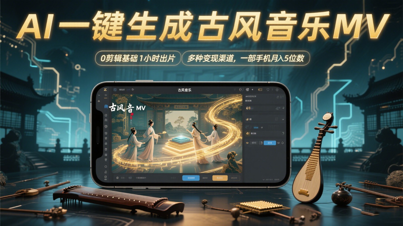 AI一键生成古风音乐MV，0剪辑基础1小时出片，多种变现渠道，一部手机月入5位数-第1张图片-我要自学网