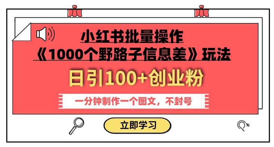 小红书批量操作《1000个野路子信息差》玩法，一分钟制作一个图文，不封号，日引100+创业粉-第1张图片-我要自学网