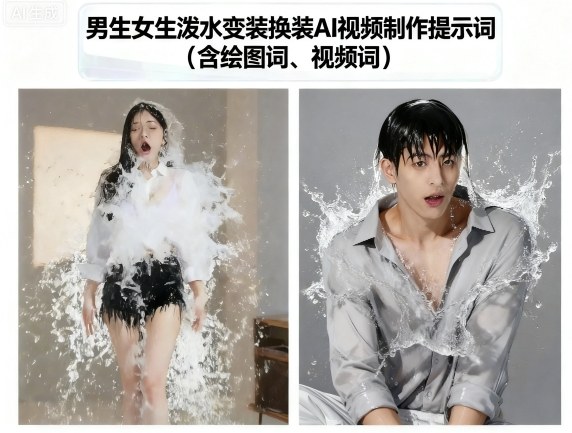 男生女生泼水变装换装AI视频制作提示词(含绘图词、视频词)-第1张图片-我要自学网 男生女生泼水变装换装AI视频制作提示词(含绘图词、视频词)-第1张图片-我要自学网