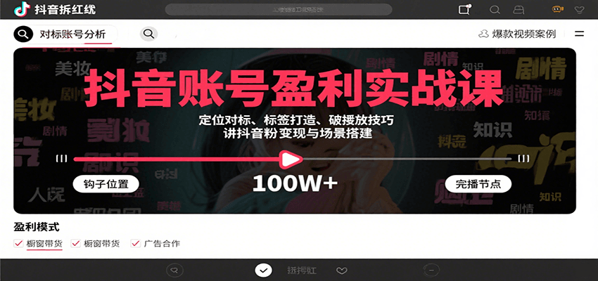 抖音账号盈利实战课，定位对标、标签打造、破播放技巧，讲涨粉变现与场景搭建-第1张图片-我要自学网