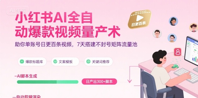 小红书AI全自动爆款视频量产术,助你单账号日更百条视频,7天搭建不封号矩阵流量池(更新8月)-第1张图片-我要自学网 小红书AI全自动爆款视频量产术,助你单账号日更百条视频,7天搭建不封号矩阵流量池(更新8月)-第1张图片-我要自学网