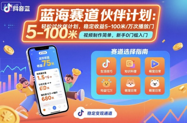 抖音蓝海赛道,轻松过伙伴计划,视频制作简单,万次播放收益在5-100米,稳定收益-第1张图片-我要自学网 抖音蓝海赛道,轻松过伙伴计划,视频制作简单,万次播放收益在5-100米,稳定收益-第1张图片-我要自学网