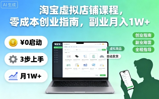 淘宝虚拟店铺课程，零成本创业指南，副业月入1W+-第1张图片-我要自学网