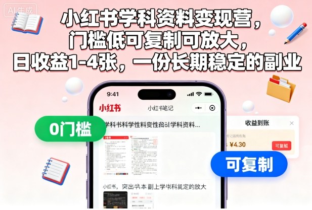 小红书学科资料变现营，门槛低可复制可放大，日收益1-4张，一份长期稳定的副业-第1张图片-我要自学网
