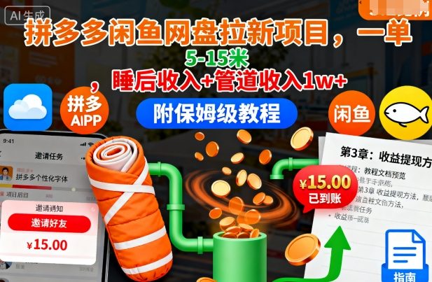 拼多多闲鱼网盘拉新项目，一单5-15米，睡后收入+管道收入1w+(附保姆级教程)-第1张图片-我要自学网