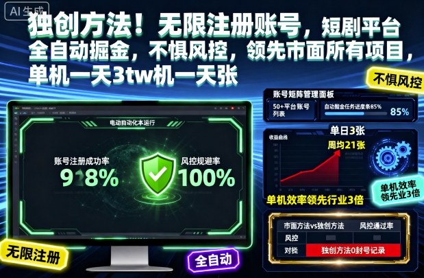 独创方法!无限注册账号,短剧平台全自动掘金,不惧风控,领先市面所有项目,单机一天3张【揭秘】-第1张图片-我要自学网 独创方法!无限注册账号,短剧平台全自动掘金,不惧风控,领先市面所有项目,单机一天3张【揭秘】-第1张图片-我要自学网