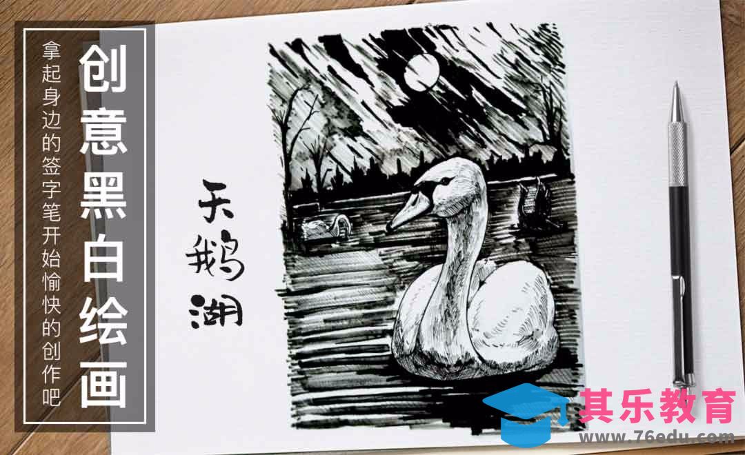 针管笔手绘-天鹅湖-黑白插图[虎课网绘画插画视频教程][ipad商业插画MP4教程全集 ]-第1张图片-我要自学网