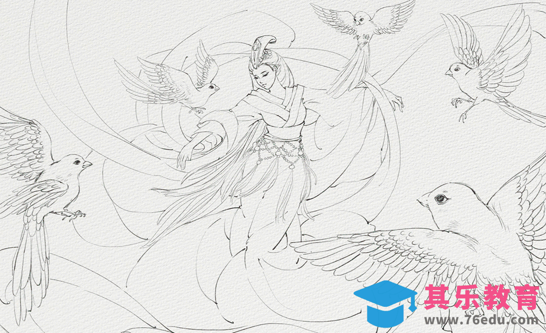 PS-板绘古风仿水彩画仙宫神翼（线稿）[虎课网绘画插画视频教程][ipad商业插画MP4教程全集 ]-第1张图片-我要自学网