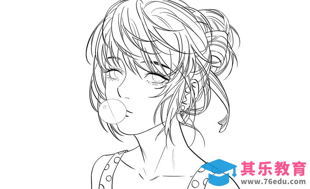 PS-板绘-动漫泡泡糖女孩头像-线稿部分[虎课网绘画插画视频教程][ipad商业插画MP4教程全集 ]-第1张图片-我要自学网