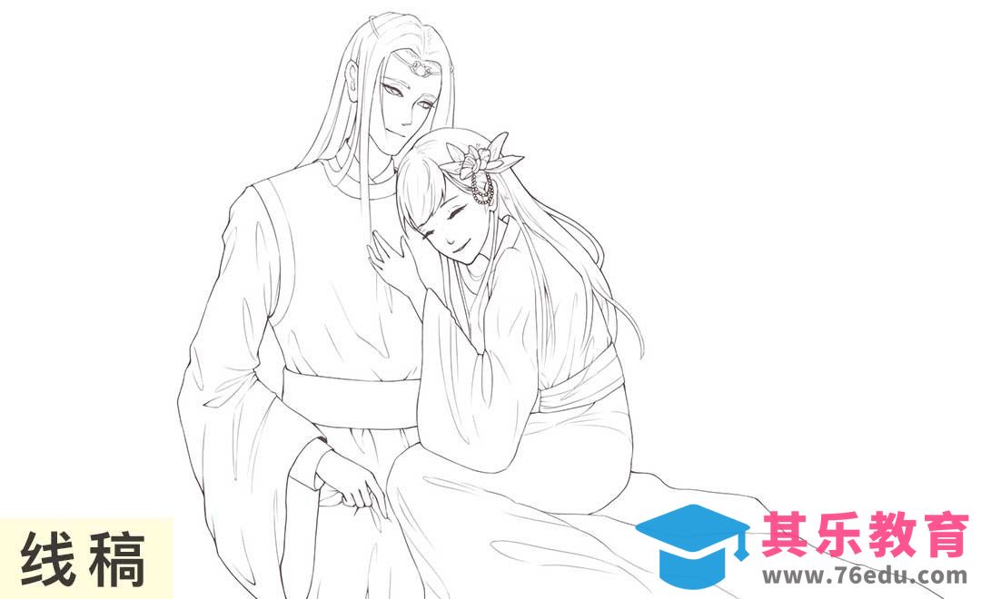 SAI-古风月下眷侣插画-线稿[虎课网绘画插画视频教程][ipad商业插画MP4教程全集 ]-第1张图片-我要自学网