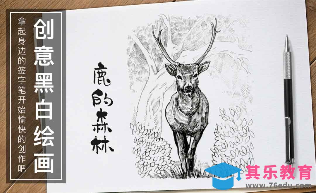 针管笔-鹿的森林-黑白插图[虎课网绘画插画视频教程][ipad商业插画MP4教程全集 ]-第1张图片-我要自学网