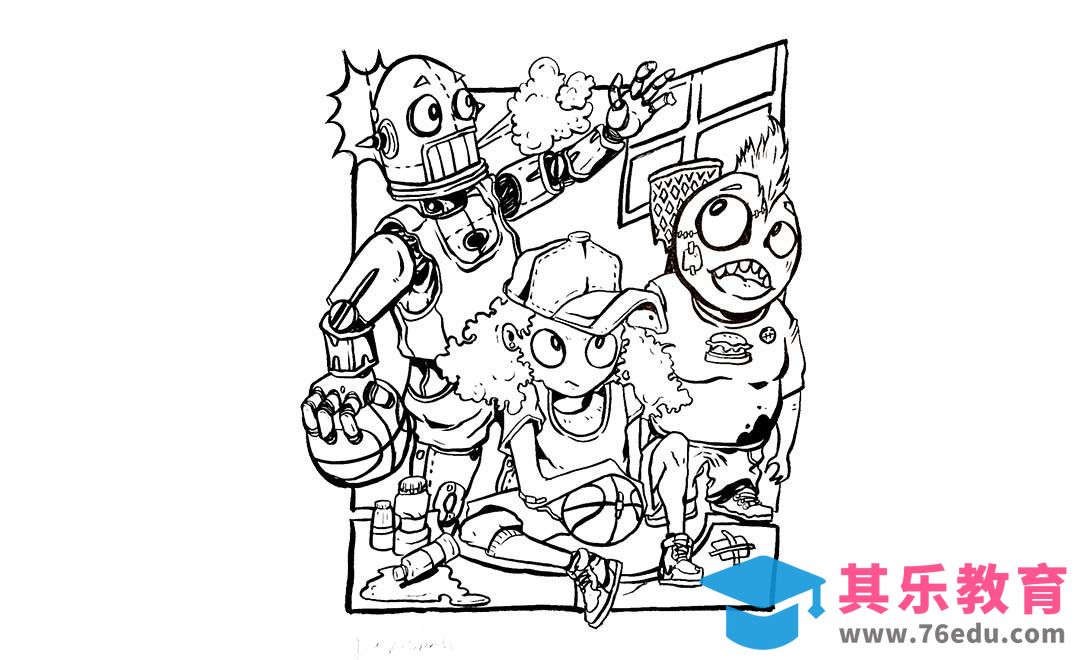 马克笔商业手绘场景教学-奇怪篮球队（前期线稿）[虎课网绘画插画视频教程][ipad商业插画MP4教程全集 ]-第1张图片-我要自学网