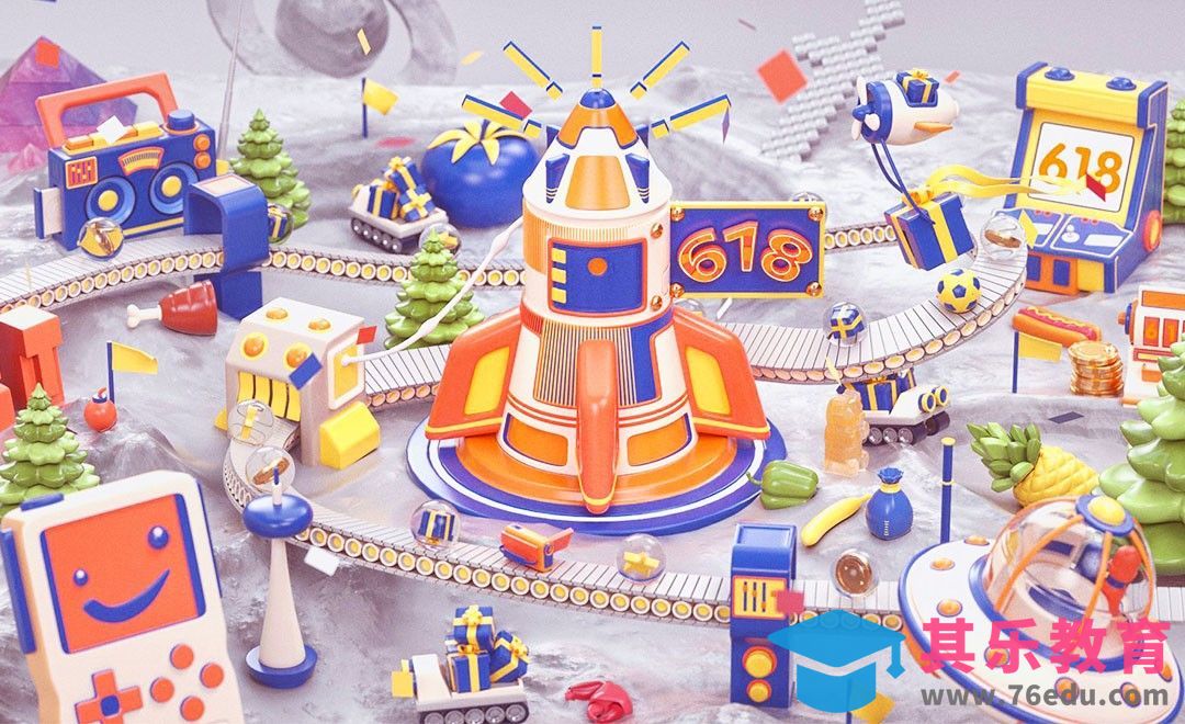 C4D+OC-618月球卡通大型场景-火箭建模[虎课网C4D设计视频教程][产品数码建模MP4教程全集 ]-第1张图片-我要自学网