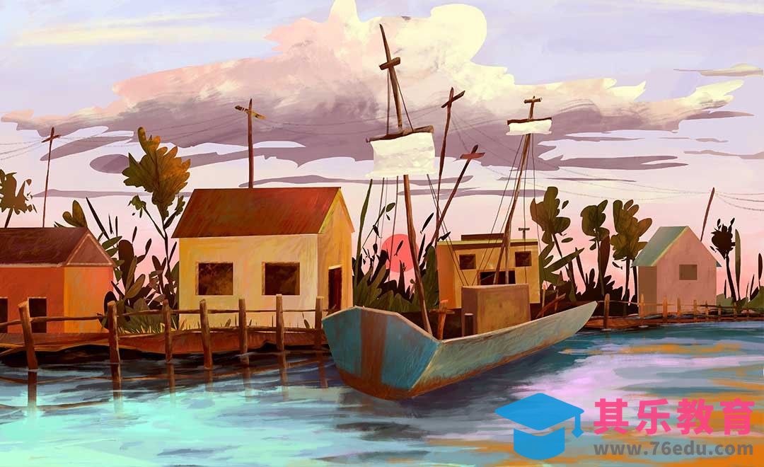 PS-板绘-码头场景扁平风格插画[虎课网绘画插画视频教程][ipad商业插画MP4教程全集 ]-第1张图片-我要自学网