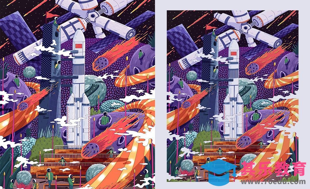 PS-紫色系星空火箭创意插画【via.插画师卷耳】[虎课网绘画插画视频教程][ipad商业插画MP4教程全集 ]-第1张图片-我要自学网