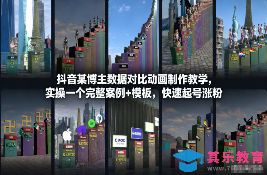 抖音某博主数据对比动画制作教学，实操完整案例 模板，快速起号涨粉