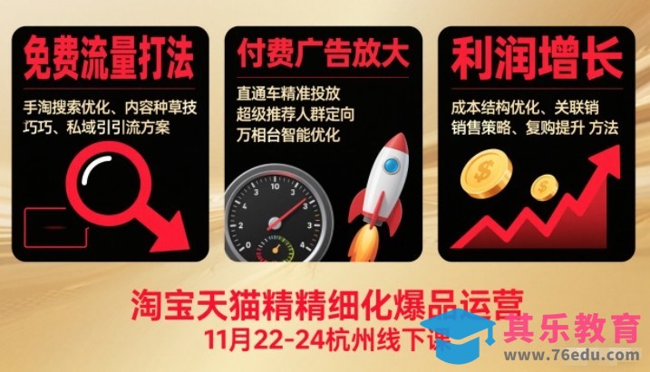 淘宝天猫精细化爆品运营11月22-24杭州线下课,免费流量打法+付费广告放大+利润增长(音频+文档)-第1张图片-我要自学网 淘宝天猫精细化爆品运营11月22-24杭州线下课,免费流量打法+付费广告放大+利润增长(音频+文档)-第1张图片-我要自学网