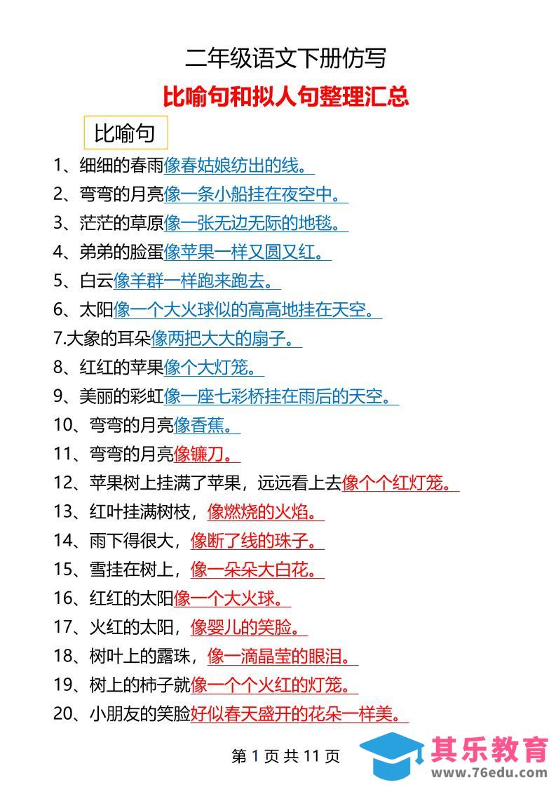 图片[1]-二年级下册语文仿写拟人比喻句整理汇总12页-985文库