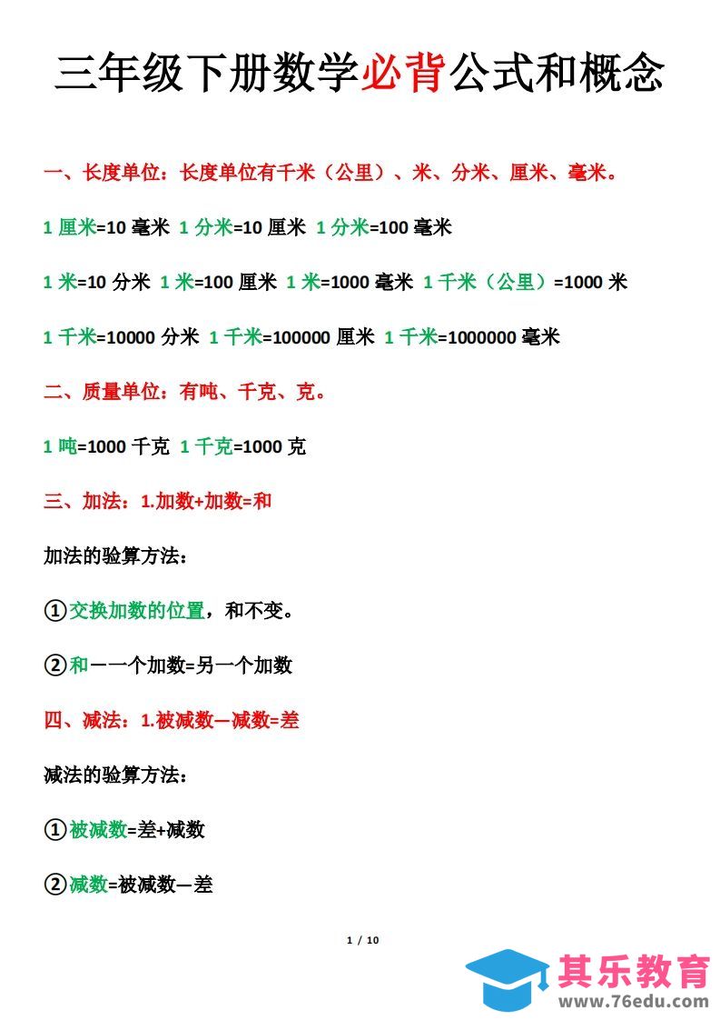 图片[1]-三年级下册数学必背公式和概念-985文库