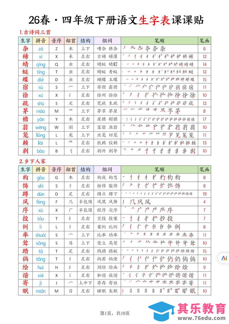 图片[1]-26春四下语文生字表课课贴10页-985文库