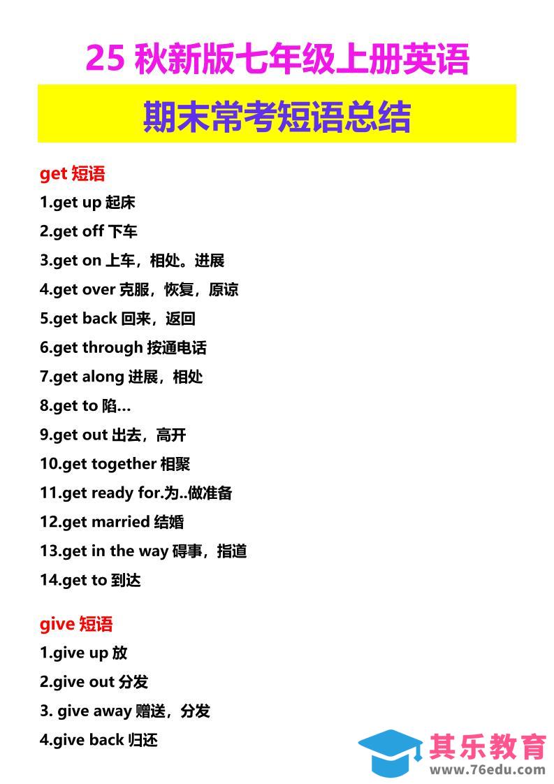 图片[1]-【2025秋新版】七年级上册英语期末常考短语总结-985文库