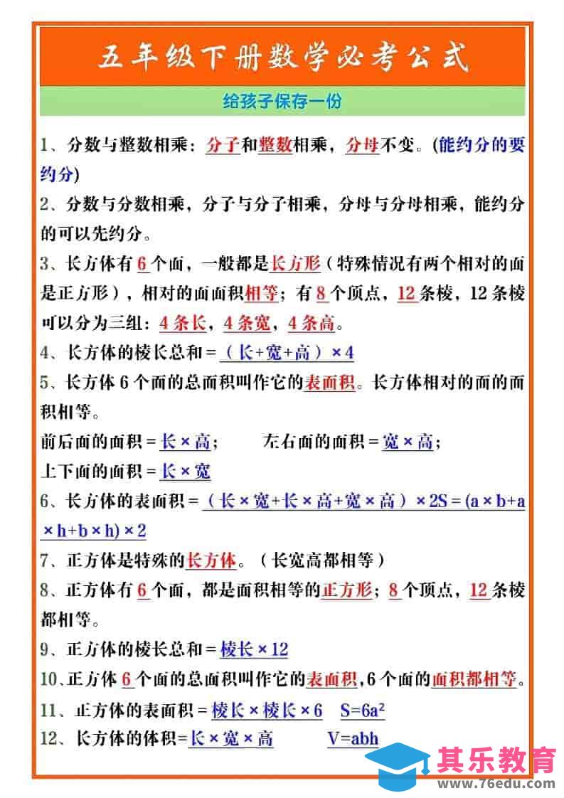 图片[1]-五年级下数学必考重点公式（开学必背）《人教版》-985文库