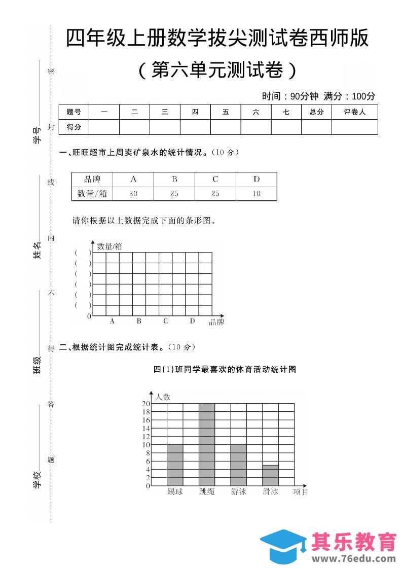 图片[1]-四年级上数学第六单元拔尖测试卷《西师版》-985文库