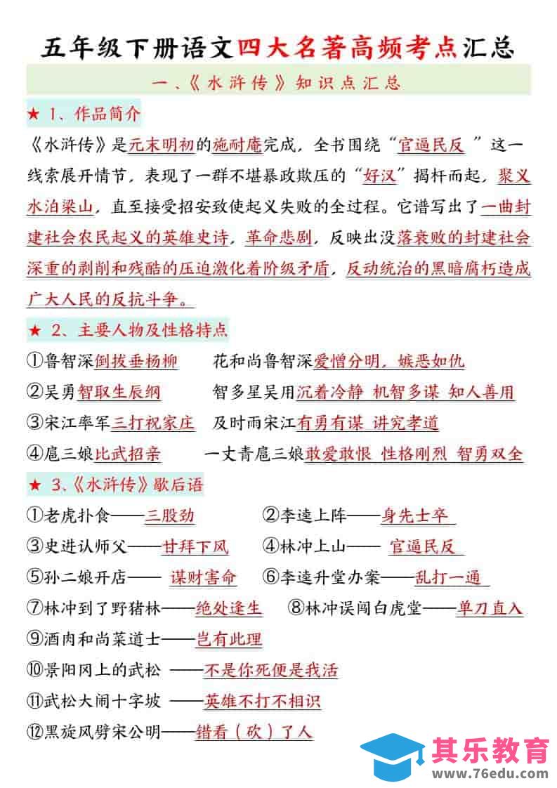 图片[1]-五年级下语文四大名著高频考点-985文库