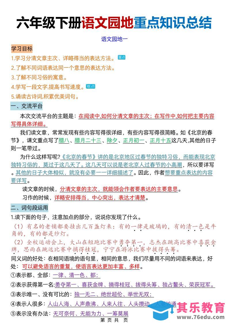 六年级下语文园地重点知识总结-高考之家