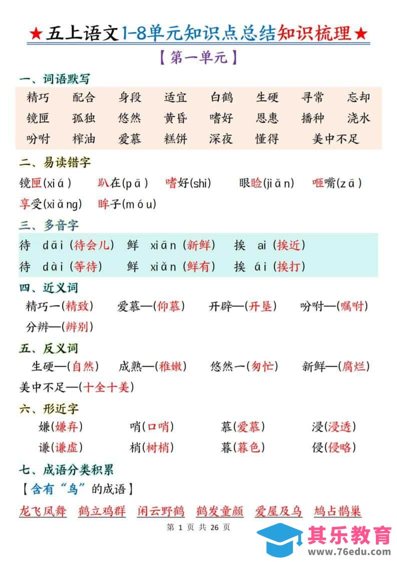 图片[1]-五年级上语文1-8单元知识点总结知识梳理-985文库