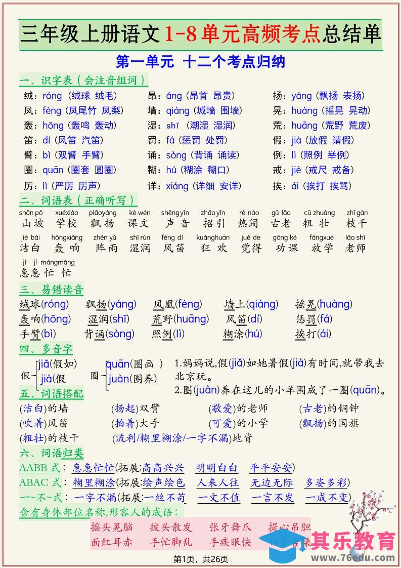 图片[1]-新三上语文复习1-8单元高频考点总结单（26页）-985文库