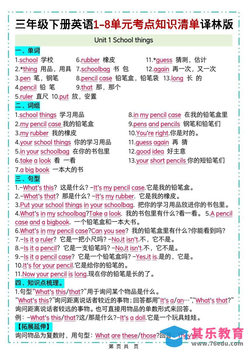 图片[1]-三下译林版英语1-8单元考点知识清单-985文库