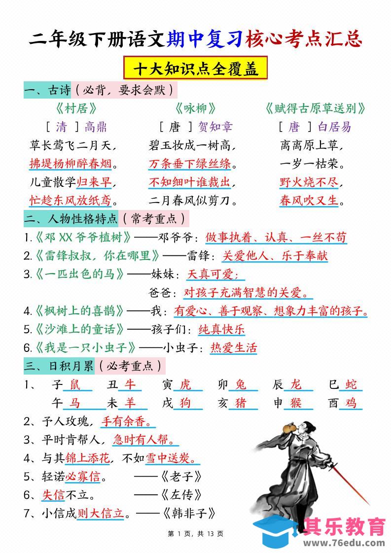 图片[1]-二下语文期中复习核心考点汇总（10大知识点）13页-985文库
