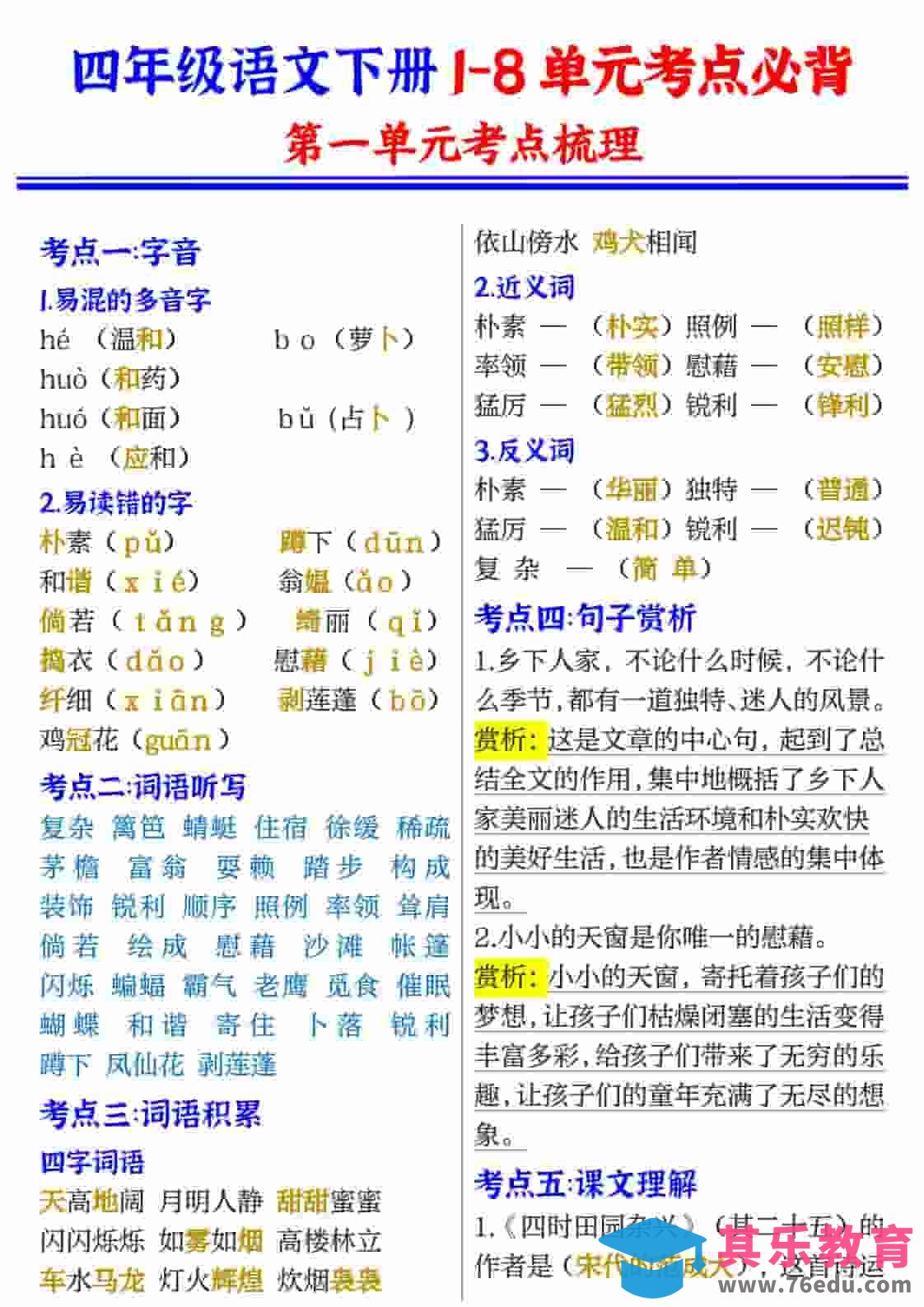 图片[1]-四年级(下）语文1-8单元考点必背-985文库
