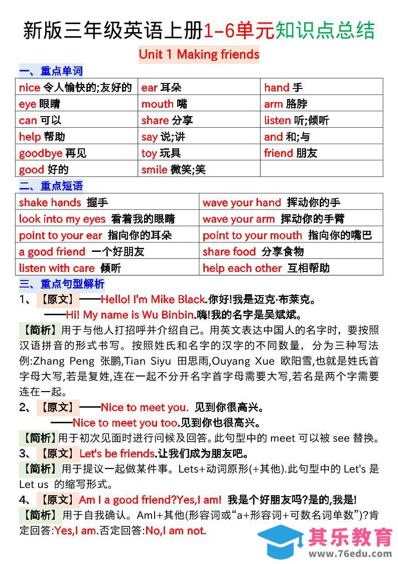 图片[1]-新版三年级英语上册1-6单元知识点总结-985文库