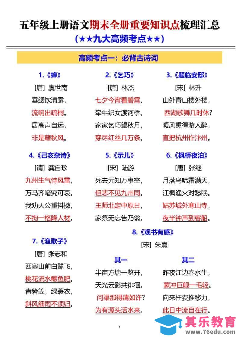 图片[1]-G五年级上册语文期末全册重要知识点梳理汇总-985文库