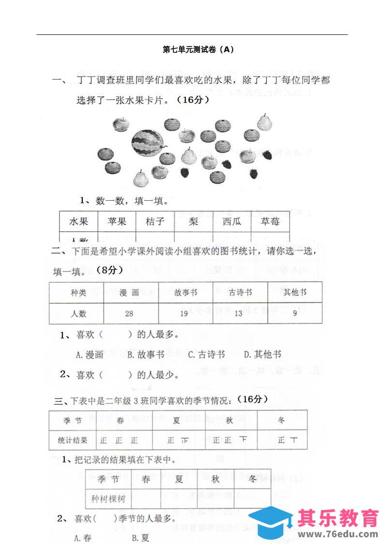 图片[1]-二下西师版数学第七单元测试卷-1-985文库