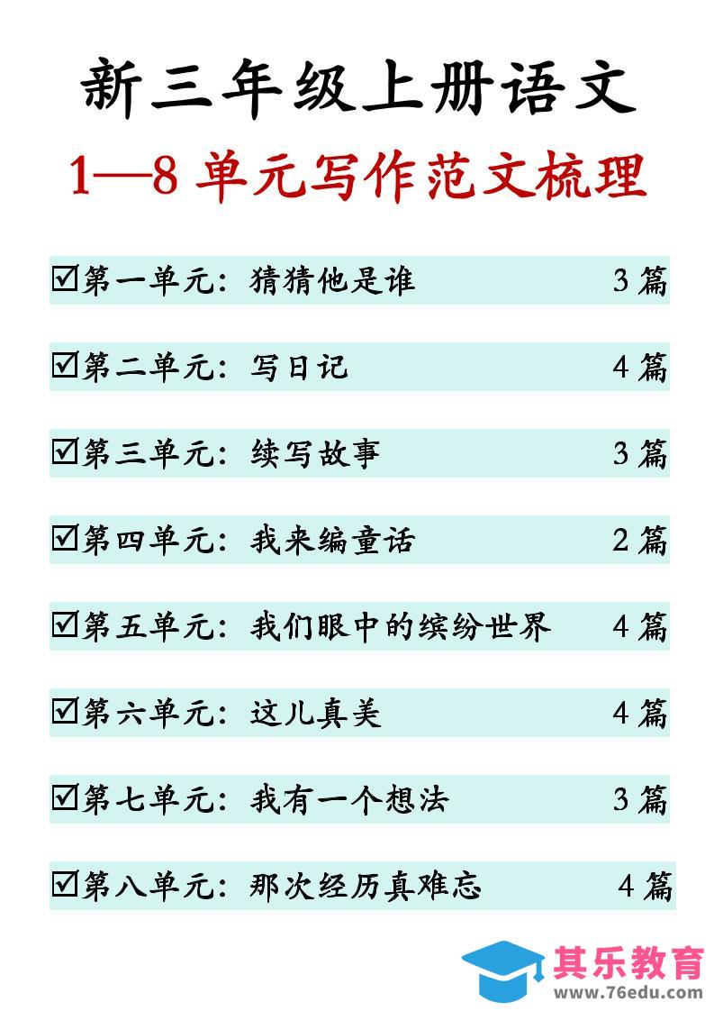 图片[1]-新三上语文1-8单元同步作文范文（27页）-985文库