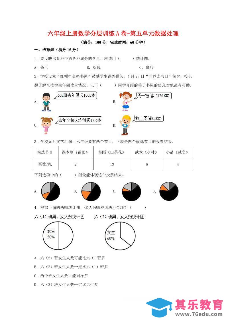 图片[1]-六年级上北师版数学第五单元数据处理单元测试A卷-985文库